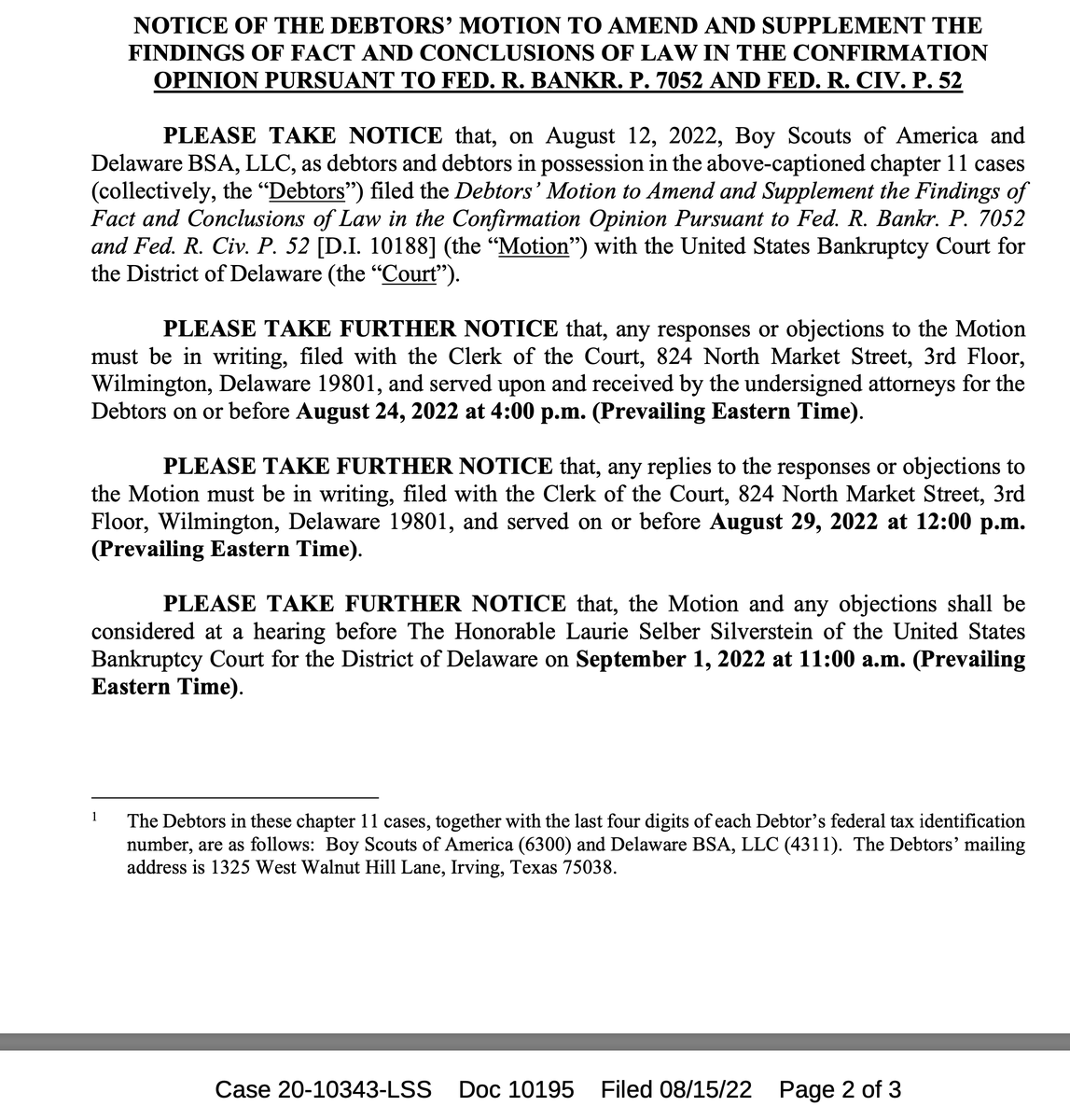 melissabjacoby's tweet photo. Ahead of tomorrow's status conference, court did not adopt #BoyScouts fastest-track aspirations for filing objections or hearing on amended plan. Hearing now set for Sept 1. https://t.co/iLO6qfaAcV