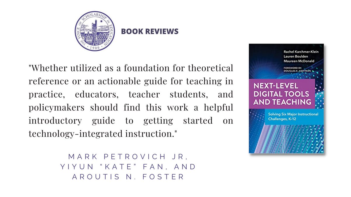 TCRecord's tweet photo. This book by Dr. @RKarchmerklein et al. "seeks to provide a broad overview on how educators can integrate digital technologies into their teaching and assessment." Read the review by Mark Petrovich Jr et al. here: https://t.co/jMaSSUMzaj @TCPress https://t.co/QBdKix01TZ