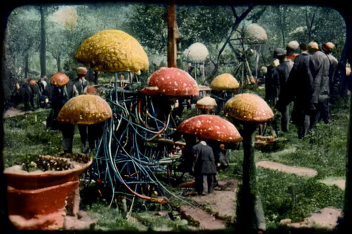 radicalreprints's tweet photo. 1920's film restored in color about human and mushroom communion after the collapse of capitalism. https://t.co/tt8wNVMCfM