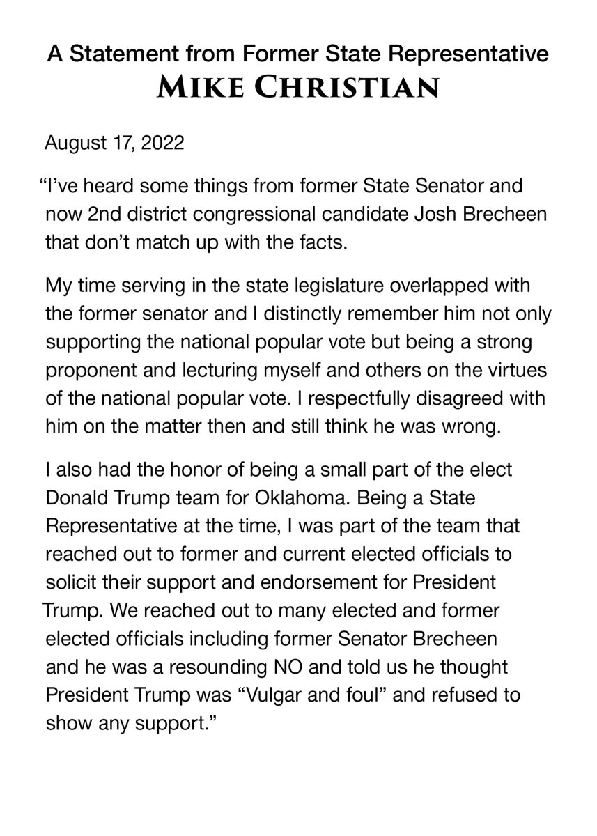 Avery Frix (@averyfrix) on Twitter photo “Brecheen…was a resounding NO and told us he thought President Trump was “Vulgar and foul” and refused to show any support.”
—Former State Representative Mike Christian “Brecheen…was a resounding NO and told us he thought President Trump was “Vulgar and foul” and refused to show any support.”
—Former State Representative Mike Christian