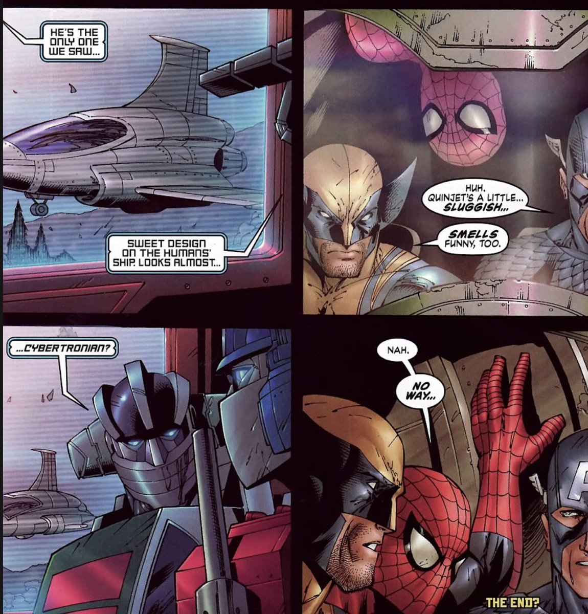 the ending of the New Avengers/Transformers crossover implies that the Avengers' Quinjet is actually Ramjet. (2007)