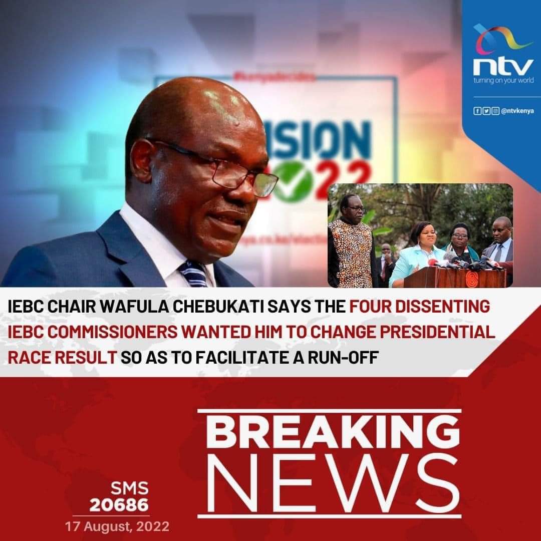 Kenei_Jr's tweet photo. Commissioners Cherera, Wanderi, Nyang'aya and Masit wanted presidential race results to be moderated to facilitate a run-off ~ IEBC Chair, Wafula Chebukati.
#Mazematics #ElectionsKE #RutoThefifth https://t.co/QjxZ0346n4