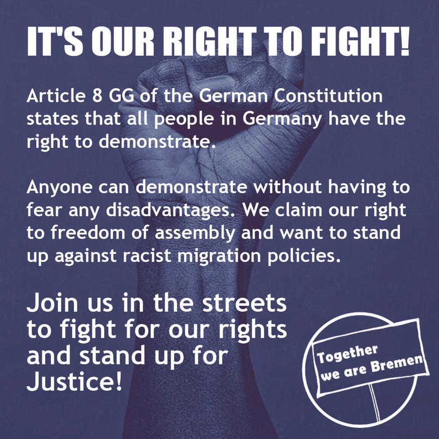 WeAreBremen's tweet photo. Together-we-are-bremen is back on the streets. We call everybody to join our protest. We count on you!!  Since a while Black students and students of Colour that fled from the war in Ukraine organize in our movement. Their treatment is very different to the Ukrainian citizen. https://t.co/6KZujckUMl