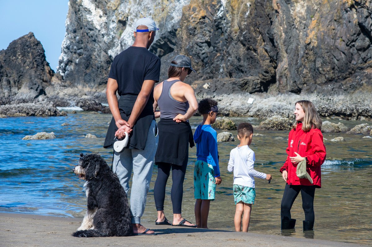 Interns in <a href="/OregonSeaGrant/">Oregon Sea Grant</a>'s summer scholars program will talk about their work Aug. 18 from 9-11:30. Join via Zoom at bit.ly/3pJsX5P. Password: 604613. ID #: 763 228 5841. Shown here is Lauren Rice (right) during her internship with the Haystack Rock Awareness Program.