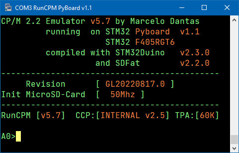 guidol70's tweet image. Today it did happen 🙂
#RunCPM on my #Pyboard v1.1 (clone) with #STM32F405RGT6 using STM32Duino v2.3.0
AND its working with the onboard-MicroSD ;)
