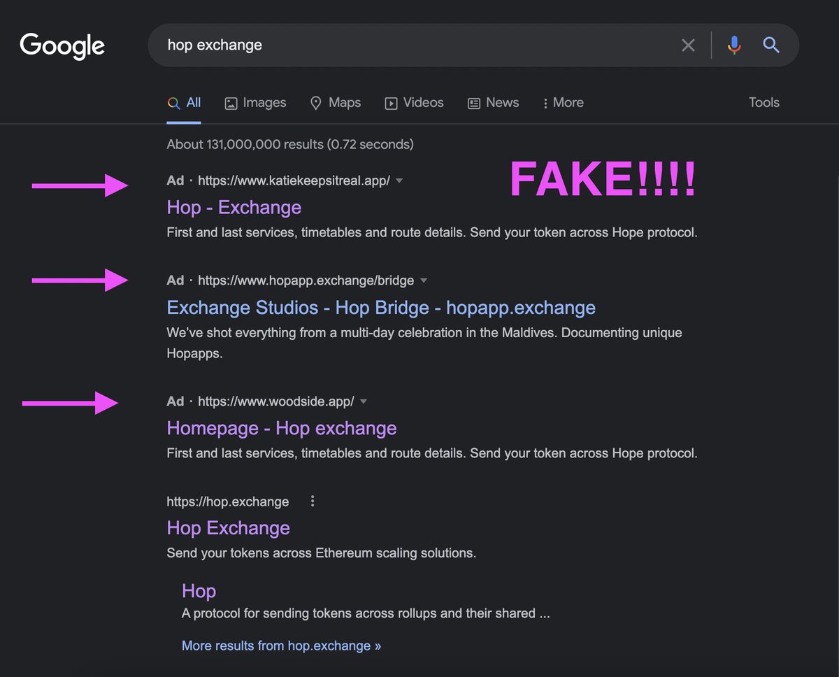 NEVER SEARCH FOR WEB3 APPS VIA GOOGLE 🚨🚨

Every week new unsuspecting Hop users fall for phishing sites tricking them into sending money.

Every week our community reports them and new ones appear immediately after.

It’s an endless battle <a href="/Google/">Google</a> please fix this 🙏