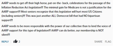 commit2seniors's tweet image. Hey, @AARP! Did you see this comment from one of your members on your blog post? Seniors are concerned about the negative implications of this law and don’t trust your advocacy. The #IRA is a step in the WRONG direction and puts #BigInsurance over seniors’ healthcare needs.