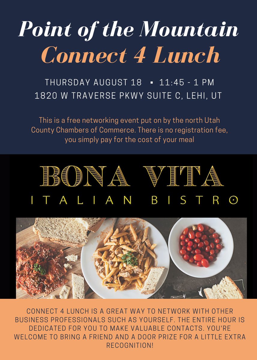 ThePointChamber's tweet photo. Join us at Bona Vita Italian Bistro tomorrow for a great lunch and even better networking! Come build valuable relationships with other business leaders in our area. This event is free to attend. 
#Networking #UtahCountyBusiness #Lehi #SaratogaSprings https://t.co/atcHcwsKUK