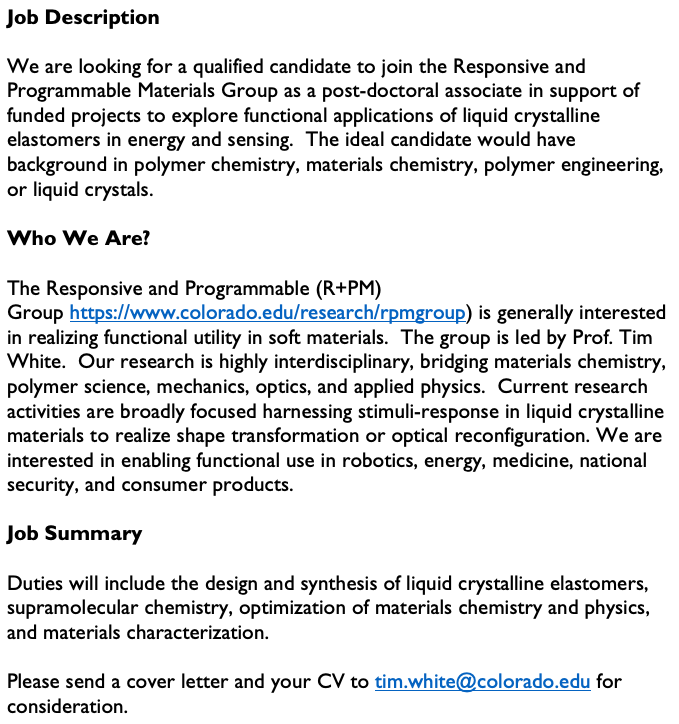 Tim White 🦬 (@timwhite_51) on Twitter photo <a href="/RPMGroupCU/">R+PM Group</a> hiring post-doctoral associate to join our team to work on functional use of liquid crystalline elastomers with applications in energy and sensing. Interested candidates should email me their CV and a statement of interest. #ChemPostdoc #chemjobs <a href="/POLY_ACS/">ACS POLY Division</a> <a href="/acspmse/">ACS PMSE Division</a>⬇️ <a href="/RPMGroupCU/">R+PM Group</a> hiring post-doctoral associate to join our team to work on functional use of liquid crystalline elastomers with applications in energy and sensing. Interested candidates should email me their CV and a statement of interest. #ChemPostdoc #chemjobs <a href="/POLY_ACS/">ACS POLY Division</a> <a href="/acspmse/">ACS PMSE Division</a>⬇️