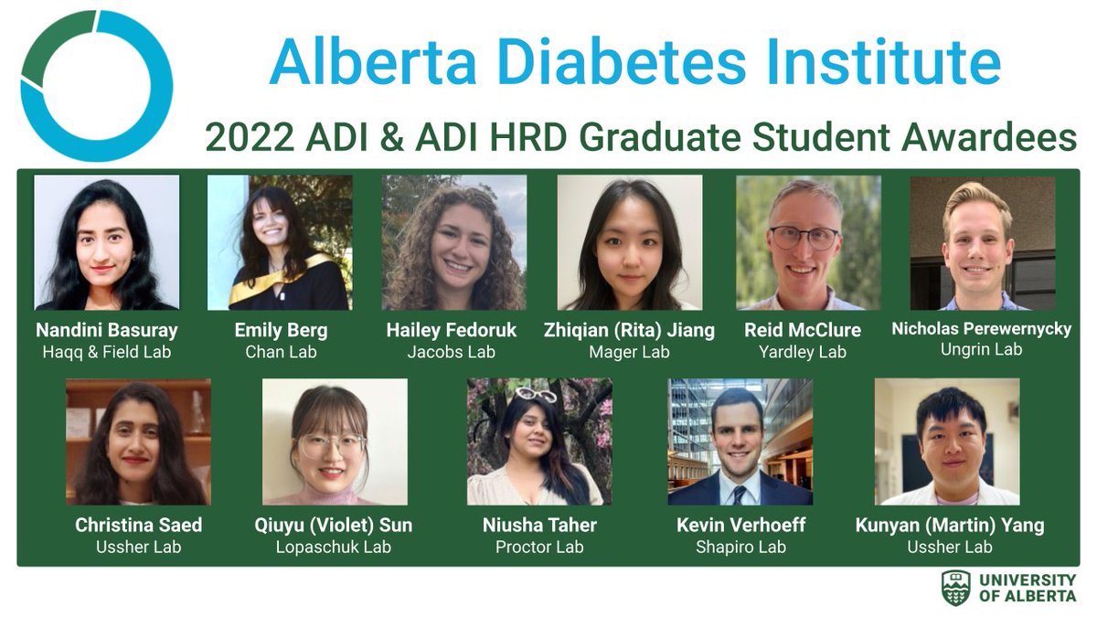 AlbertaDiabetes's tweet photo. 📣 Congratulations to our 2022 ADI &amp; ADI HRD Graduate Student Awardees! We are thrilled to support talented trainees #FutureResearchers #UAlberta https://t.co/lHg3UqeOOQ