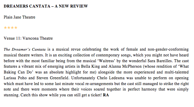 FRINGE REVIEW: DREAMER'S CANTATA (FOUR  STARS) is a soaring new musical revue from Edmonton's <a href="/plainjaneyeg/">Plain Jane Theatre</a> 
  
<a href="/edmontonfringe/">Edmonton Fringe</a>
#yegfringe