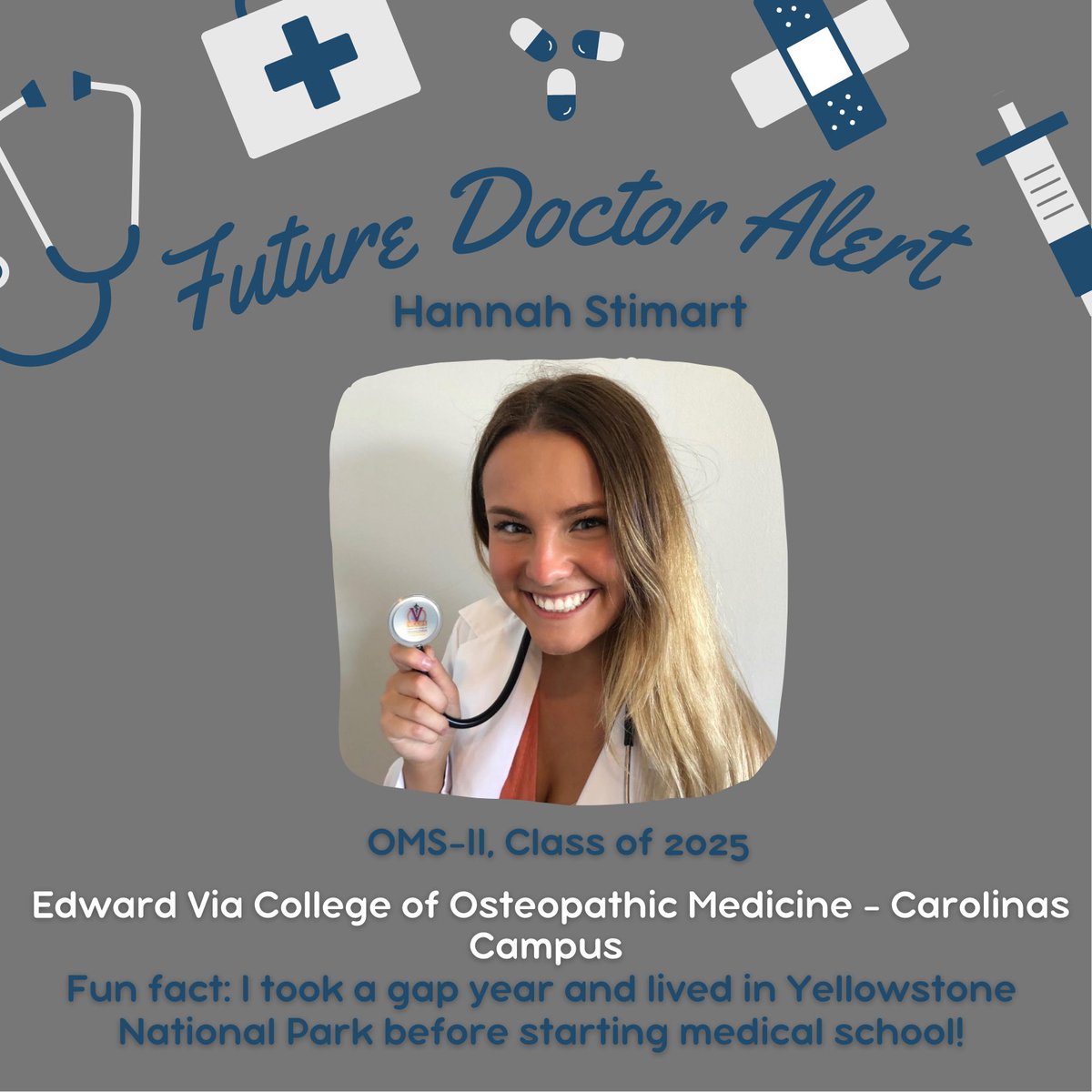 SCMedAssoc's tweet photo. 🗣 Future doctor alert! Hannah Stimart is in her second year of medical school and plans to pursue pediatrics. @HannahStimart https://t.co/NSiPkn5W2F