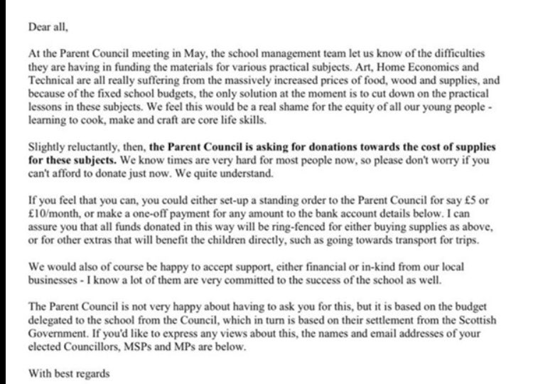This is unacceptable. 

A school shouldn’t be forced to ask parents at anytime, never mind in a cost of living crisis, to fund their child’s education. 

When will DG Council wake up and start funding schools properly.

1/2