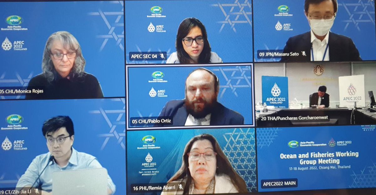 sernapesca's tweet photo. Este 17 y 18 de agosto se desarrolla la 19° reunión del #OFWG de @APEC2022TH, liderado por Chile, cuyo objetivo es la cooperación de las economías de la región en el combate a la pesca ilegal INDNR, el control de desechos marinos y el fomento de la pesca y acuicultura artesanales https://t.co/WngaOiWHjt