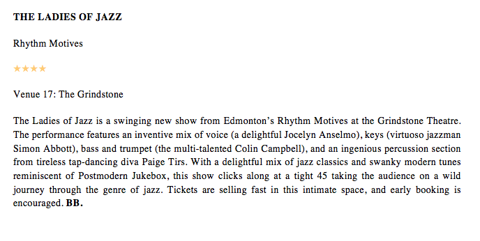 FRINGE REVIEW: THE LADIES OF JAZZ (FOUR STARS) is a swinging new jazz show from Rhythm Motives and the fantastic <a href="/Grindstoneyeg/">Grindstone Theatre</a>
 
<a href="/edmontonfringe/">Edmonton Fringe</a>
 #yegfringe