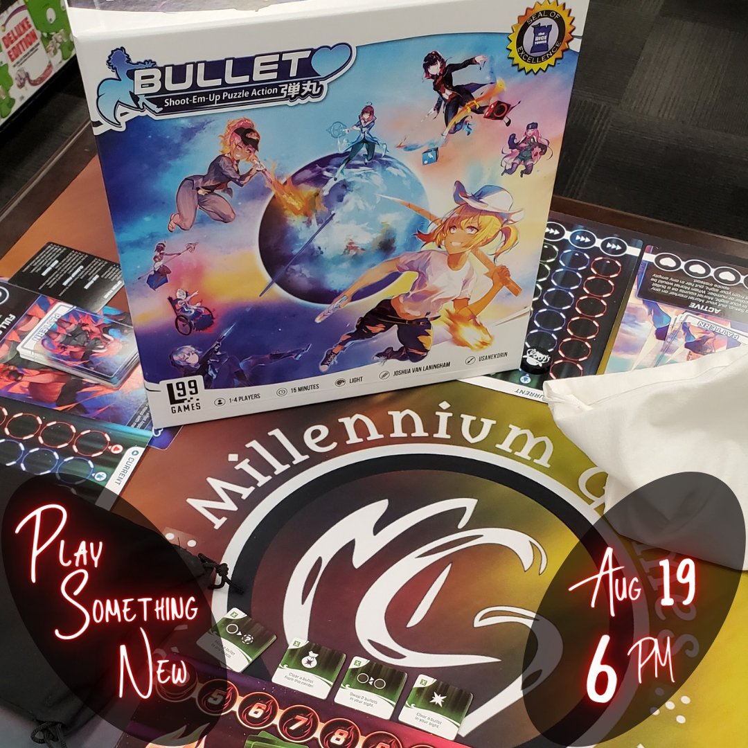 MillenniumGames's tweet photo. This week at Play Something New: Bullet ♥️! 
6 PM 8/19/22! $10 fee but get it back as a credit!

@level99games! #bulletheart #bulletheartboardgame #boardgamegeek #boardgamer #explorerochester #realrochester #rochesterny #shoplocalrochester #millenniumgames #playsomethingnew https://t.co/2VDI5QlC2h