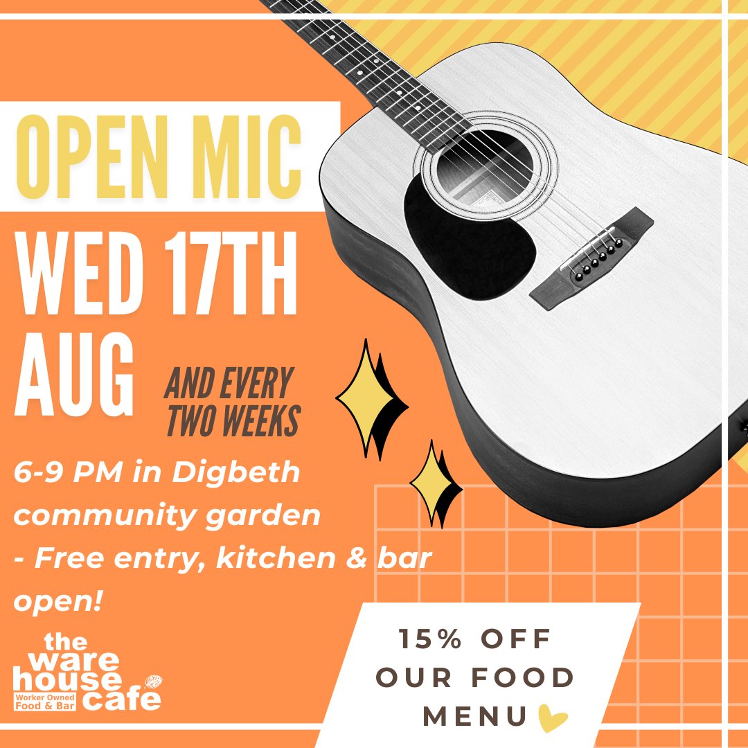 Reminder that our bi-weekly Open Mic is happening tonight from 6-9pm. Come on down to perform or listen - and get 15% off our tasty #veganfood menu as a perk! #digbeth #openmic #birminghammusic #birminghammusicscene #birminghamartist #birminghammusicians