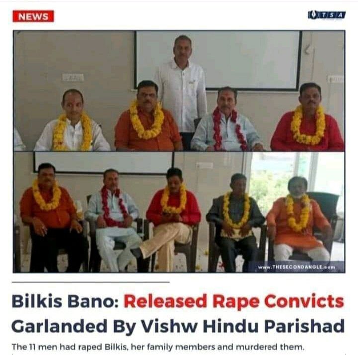 yogitabhayana's tweet photo. गैंगरेप और हत्या के दरिंदो को ऐसा बार बार स्वागत ???? 

हम अपने देश की महिलाओं को क्या संदेश देना चाहते है ???

बिलक़िस बानो हम शर्मिन्दा है !!

#SendBackRapists2Jail
#JusticeForBilkisBano https://t.co/DLYQryY6bK