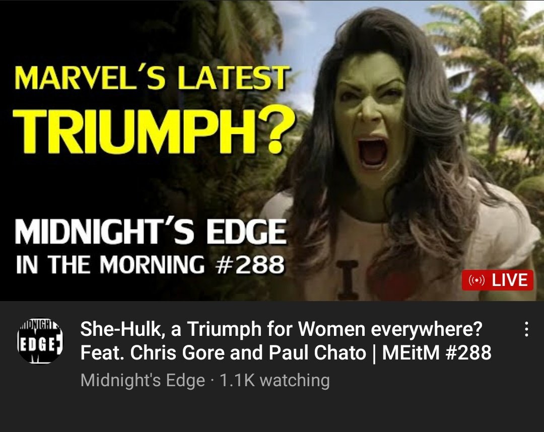 GNinjuh's tweet photo. 🌚#MidnightsEdgeInTheMorning🌞 #0288
#MARVEL'S LATEST TRIUMPH?
#SheHulk, A #Triumph For #Women #Everywhere? Feat. #ChrisGore
ON THE EDGE:
@Midnights_Edge/@AndreEinherjar
@ThomasConnorsJr
@ScriptDoctorPHD
@PaulChato
@ThatChrisGore
& YOU #MidNighters!
https://t.co/c7I5ARDf6o https://t.co/EKxqW6ruuk