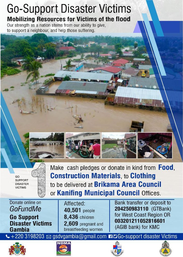 Hello #GamTL! Please support KMC, NDMA and Westcoast region mobilize resources for those affected by the flood with <a href="/go_victims/">Go support Disaster Victims</a>! #Gambia