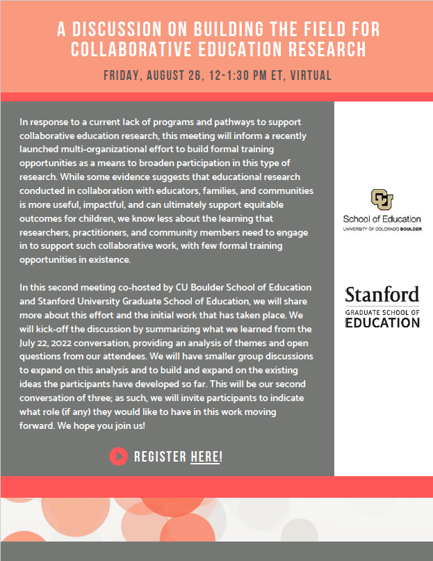 Join @StanfordEd and @cueducation for another conversation about developing formal training programs for engaging in collaborative education research! 8/26, 12-1:30 pm ET, virtual Register: bit.ly/3QfH1PT