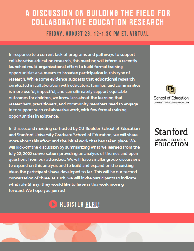 NNERPP (@rpp_network) on Twitter photo Join <a href="/StanfordEd/">Stanford Graduate School of Education</a> and <a href="/cueducation/">CU Boulder Education</a> for another conversation about developing formal training programs for engaging in collaborative education research!
8/26, 12-1:30 pm ET, virtual
Register: bit.ly/3QfH1PT Join <a href="/StanfordEd/">Stanford Graduate School of Education</a> and <a href="/cueducation/">CU Boulder Education</a> for another conversation about developing formal training programs for engaging in collaborative education research!
8/26, 12-1:30 pm ET, virtual
Register: bit.ly/3QfH1PT