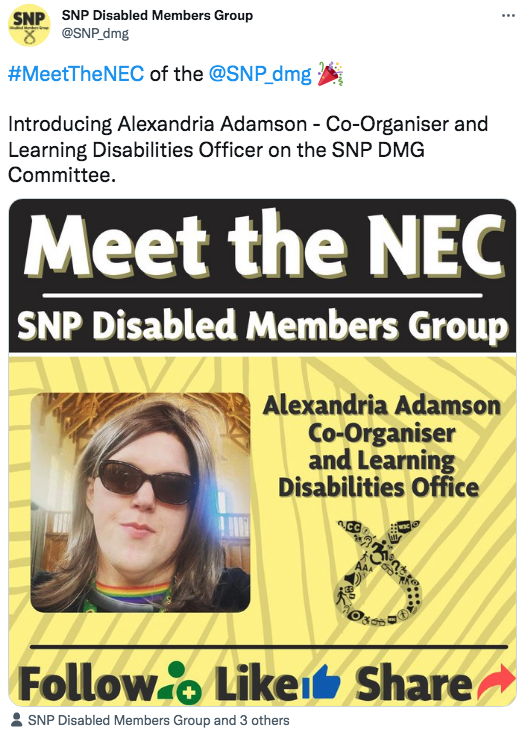 ripx4nutmeg's tweet photo. Nicola Sturgeon has said the abuse a journalist has received in the street was 'disgraceful', adding she does not believe it was by SNP members, but 'appropriate action' would be taken if they were. Meanwhile, this is the SNP's new NEC member for its 'disabled members group' https://t.co/yct6MgdCK3