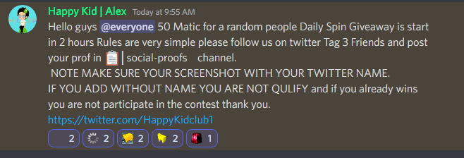 Hello 👋 50 #MATIC daily spin #Giveaway
is start in 2 hours
Follow 
@HappyKidclub1

Tag 3 peoples 
Retweet 
Like 
Join discord discord.gg/NaeyFf8hC3

 #Giveaways #NFTGiveaway #NFTs #NFTCommunity #NFTCommunity #GiveawayNFT #ContestAlert #SPiN #Giveaway #Giveaways #maticusd