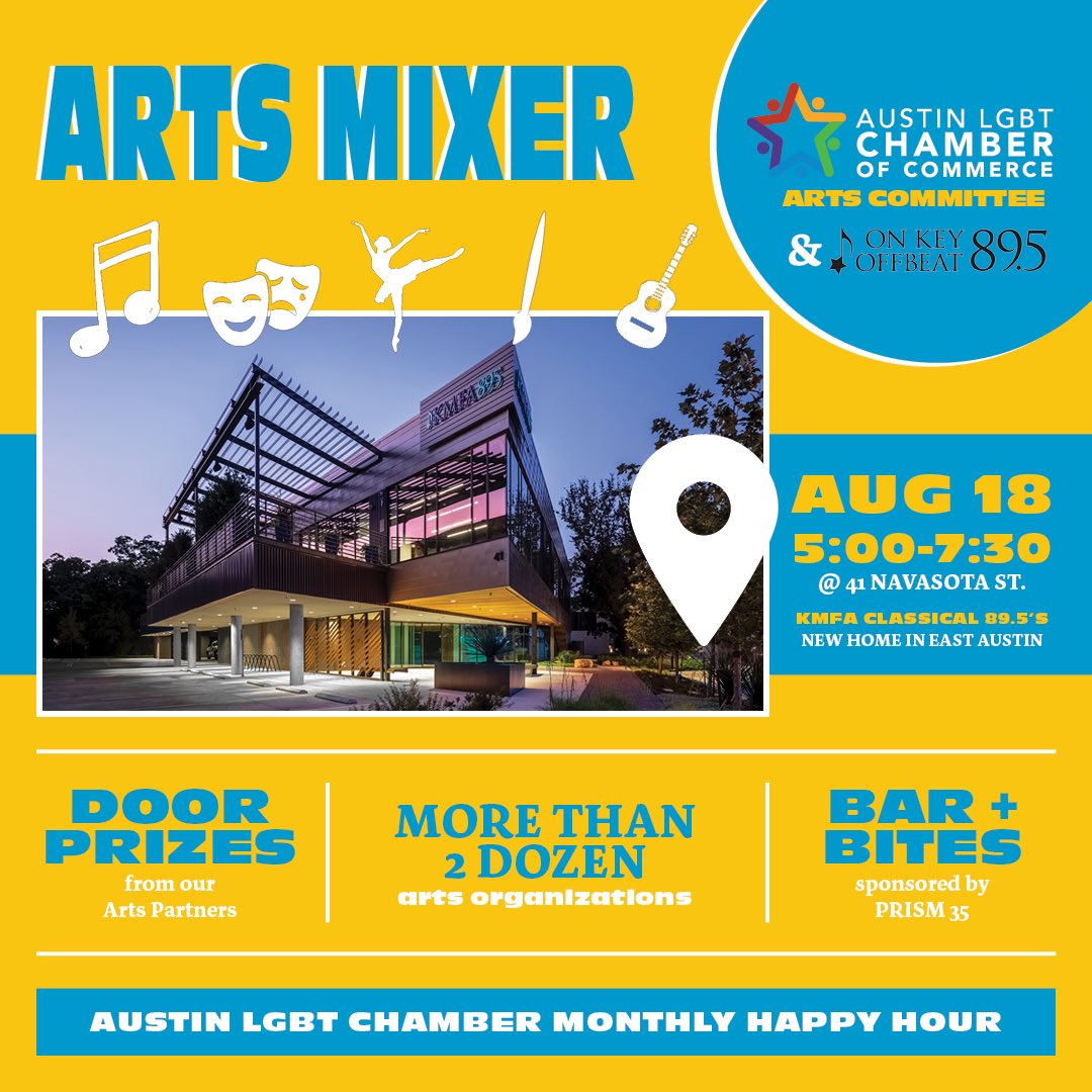 atxgmc's tweet photo. Happy hour? Count us in! @KMFAClassical is hosting the Austin LGBT Chamber's monthly #happyhour TOMORROW from 5 to 7:30 p.m. Door prizes! Arts organizations! Nibbles and libations! #artmixer #austinpride https://t.co/vTFFZdK2vE