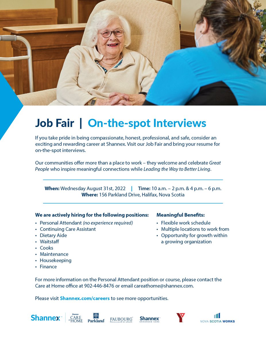 Want to join our team? We invite you to check out our job fair in #Halifax, taking place on Wednesday August 31 from 10 a.m. - 2 p.m.  and 4 a.m. - 6 p.m. #NSjobs #novascotiajobs #hiring #jobfair 

Learn more: shannex.com/careers/