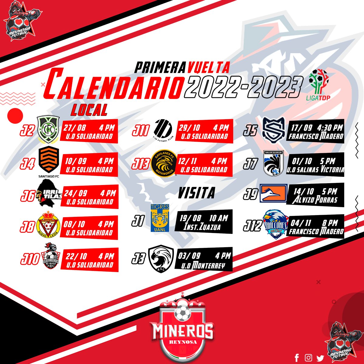 FCReynosa's tweet photo. 📆 Calendario @MinerosReynosa  ⛏️  | #PrimeraVuelta | @LigaTDP . ⚽

#Reynosa | #MinerosReynosa https://t.co/CmGia2Paso