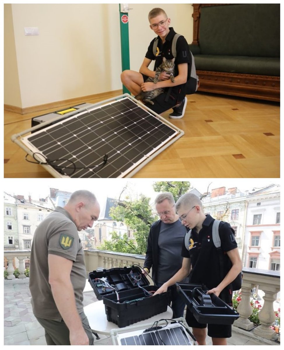 Gerashchenko_en's tweet image. Zakhar Shchurko, a 10th-grader from Lviv, single-handedly developed a portable charging station for the Ukrainian military. 

Zakhar built a prototype with the money he was saving for a bicycle and a laptop. Local authorities plan to help a 15-year-old boy set up mass production.
