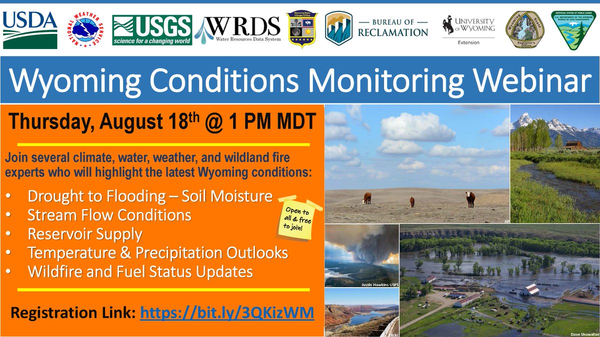 Interested in the conditions of Wyoming's water and climate? Check out the webinar scheduled for tomorrow at 1:00. Registration link at: ow.ly/vl0t50Km7by