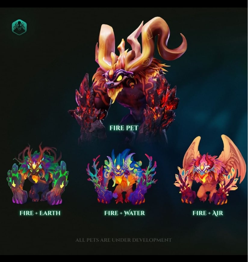 CWorld_P2E's tweet photo. Time to welcome you to the first pets from the World of Cthulhu, and tell you how we combine the elements.

There are 4 elements in total: Fire, Earth, Air, and Water. Each character can be created with one, two, or three elements.

see new pets in some veraison https://t.co/FzCGj3Z20L