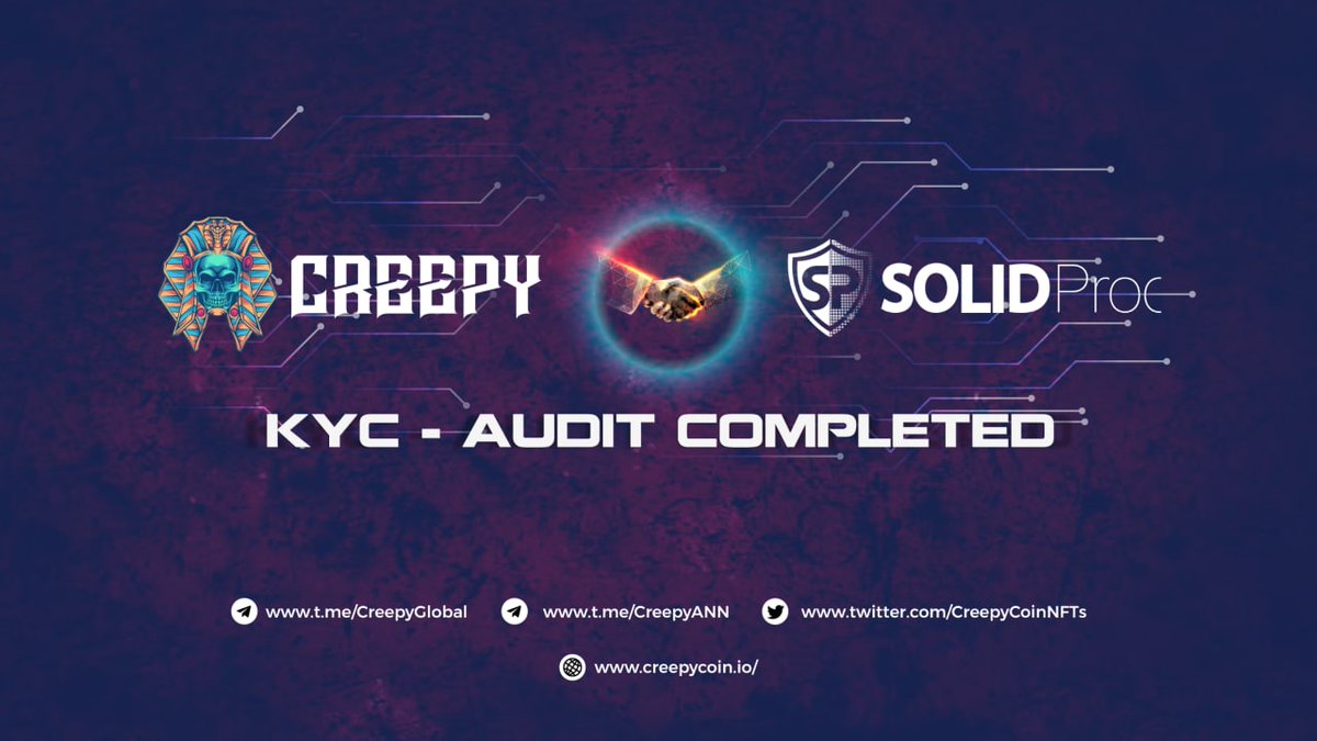 CreepyCoinNFTs's tweet photo. 🔥KYC and Contract Audit done by SolidProof 🔥

✅ Creepy Coin Contract : 0x7E8ca62E32a9FD628028a1979171c00d4881dc63

Follow our Channel : https://t.co/geYDrILtoB
TG : https://t.co/UiJh5lAbRb https://t.co/G2R9ALLf5z