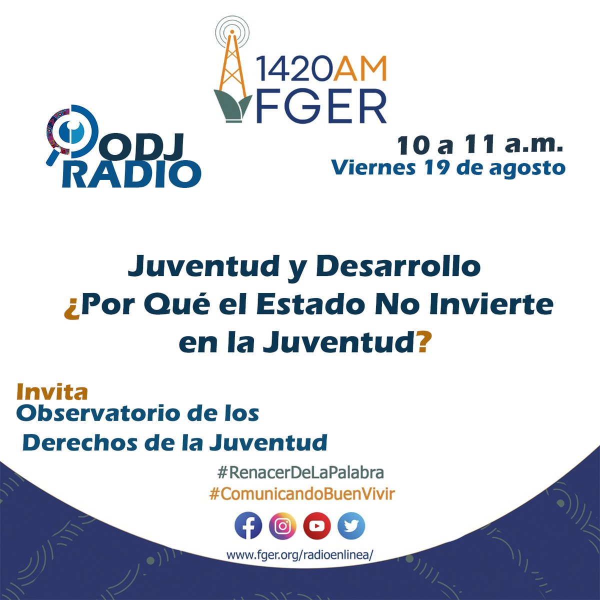 OBJuventudGT's tweet photo. Continuamos con nuestras acciones por el Día Nacional e Internacional de la Juventud para conversar sobre el estudio #RejuvenecerGuatemala que habla sobre cuanto invierte el Estado en la Juventud, acompáñennos!
19 de agosto 2022  10:00 horas 
 https://t.co/J5rYR6GtOx / 📻1420AM https://t.co/zhh3SiLvau