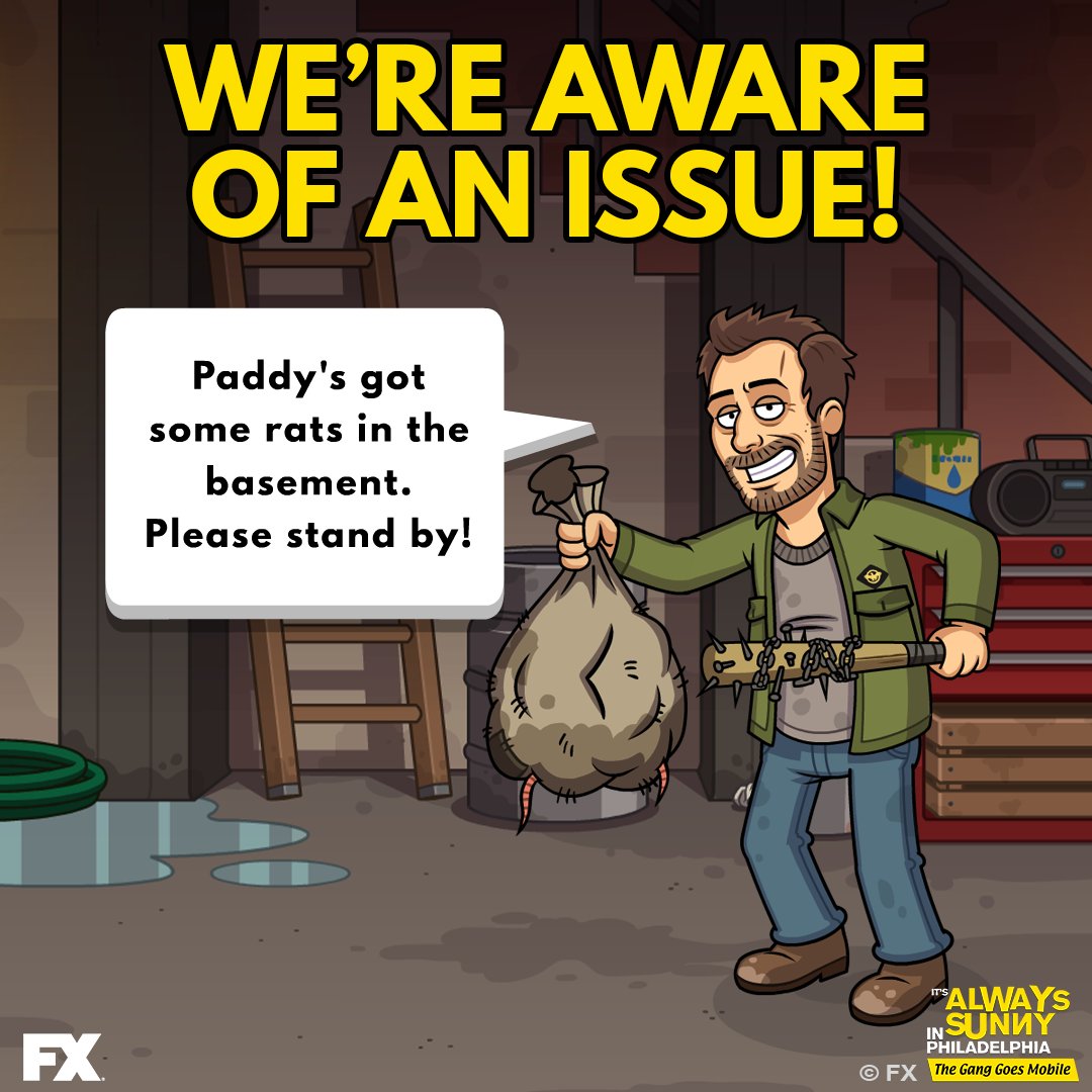 AlwaysSunnyGame's tweet image. Hey folks - we are aware that some of you might be having issues with playing the game right now. We are working on it and will keep you posted when it's fixed!