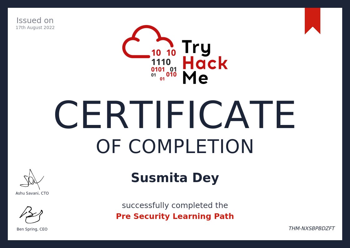its_SusmitaDey's tweet image. Thanks a lot to @RealTryHackMe.. Finally completed the Pre-Security path after solving a lot of questions and challenges and got to know a lot of things. 

#presecurity #tryhackme #security