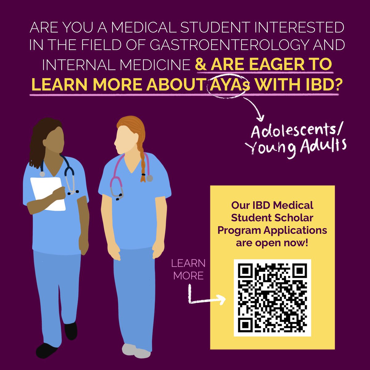 CCYANetwork's tweet photo. Are you a medical student interested eager to learn more about AYAs with Inflammatory Bowel Disease?

We are excited to announce that our IBD Medical Student Scholar Program Applications are open!

Scan the QR code or visit: https://t.co/nCVfPC3wss to learn more &amp; apply! https://t.co/nbQghF10pc