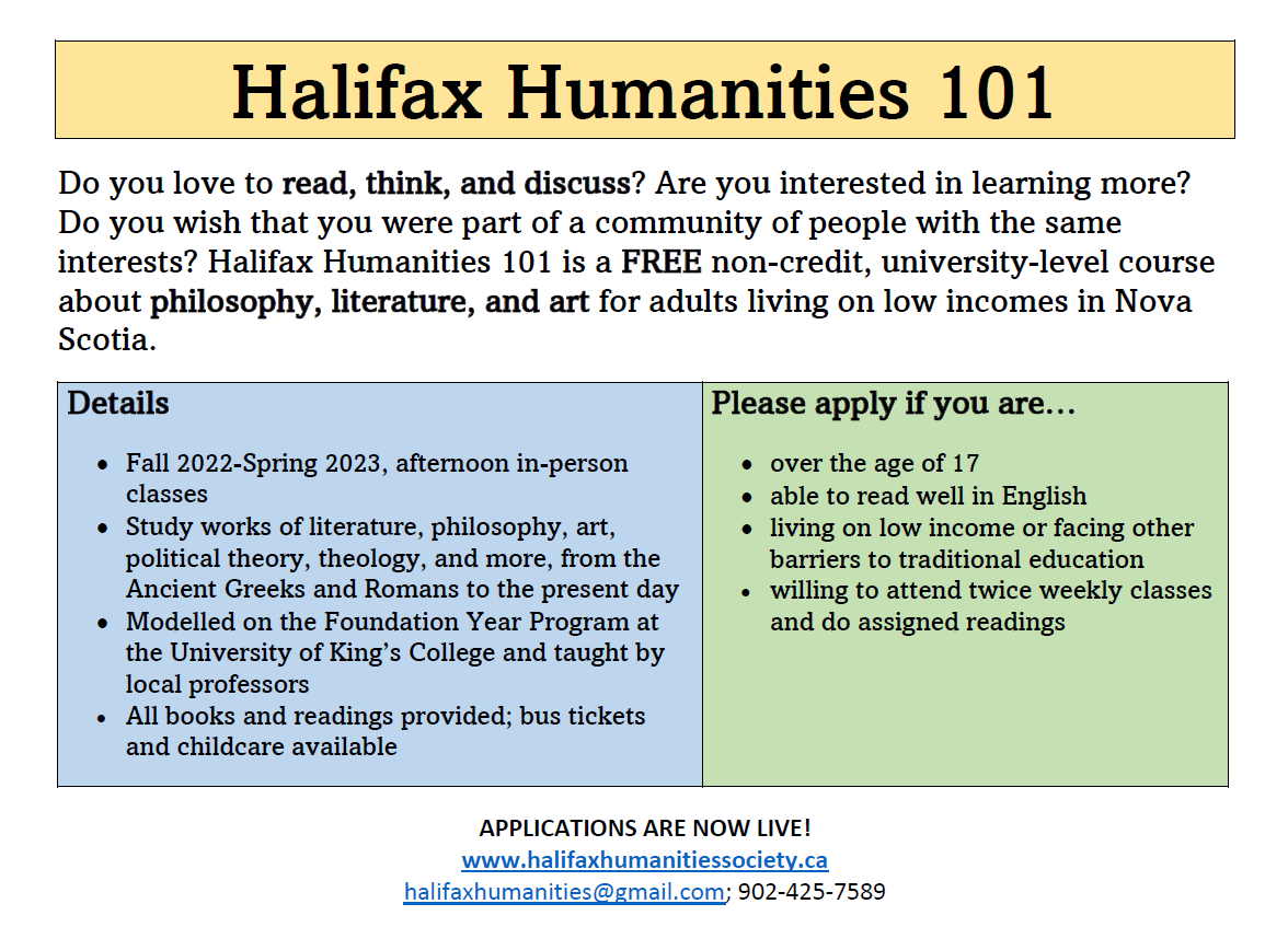 HalHum101's tweet photo. Help us spread the word! We are accepting applications for Halifax Humanities 101, a FREE course on philosophy, literature, and art. Open to adults living on low incomes or facing other barriers to education. Apply today at https://t.co/odFIX6zIHK https://t.co/JVnLnlTJlJ