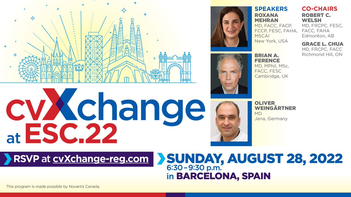 raphaelle_mtl's tweet photo. Attending ESC.22 in Barcelona? Register for 6th annual CvXchange on Aug. 28th! This year's co-chairs 🇨🇦 @DrRobertWelshIM and Grace Chua welcome @Drroxmehran, Brian Ference and Oliver Weingartner. Small group, lots of discussion, only 18 spots still open https://t.co/NTav0sna3H https://t.co/zl5Ao0wTA3