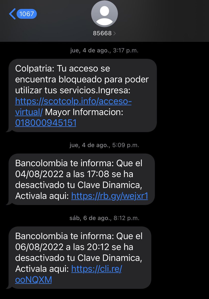 Natz26's tweet photo. ⛔️🚨 INTENTO DE FRAUDE 🚨⛔️ Desde el 02 de agosto me han llegado 14 sms, indicando problemas que existen con unos productos que supuestamente tengo en @Bancolombia . Cuiden sus claves y revisen los dominios de las URLs (ver última foto) #alerta #fraude #Phishing https://t.co/a5m4QsUghn