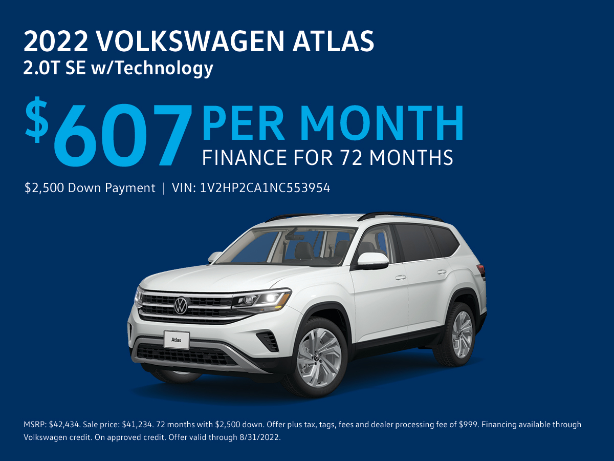 Get behind the wheel of a new 2022 Volkswagen Atlas for as low as $607 per month for 72 months at Brown's Richmond Volkswagen! Visit our site today to get started: bit.ly/3wbLKKw

*Offer Valid Through 8/31/22.