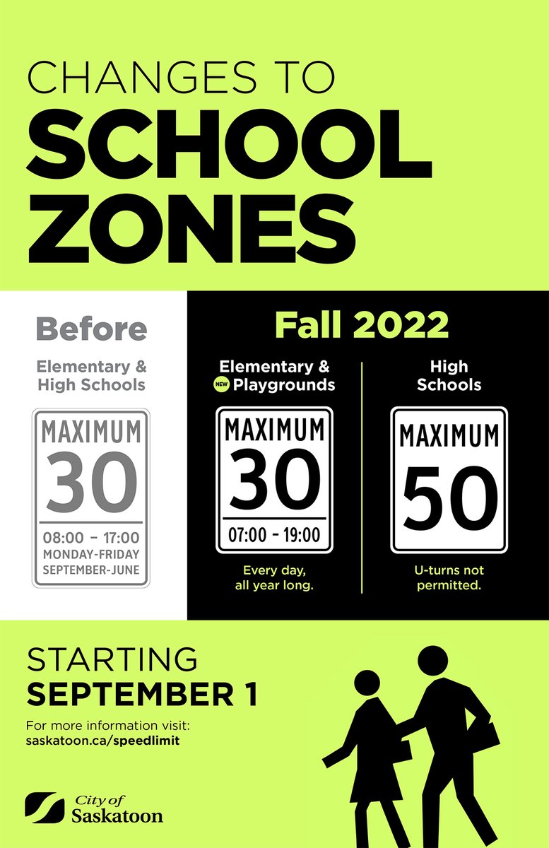 StoonPubSchools's tweet photo. Help us keep students safe!  On September 1, School Zones and Playground Zones will be 30km/h from 7 AM to 7 PM every day, all year. Watch for the new signs at the end of summer and help us all get ready for back to school. Learn more at: https://t.co/9d79r2lavq

#spslearn #yxe https://t.co/AUNmsFSUaO