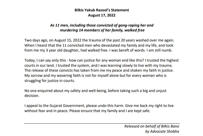 zoo_bear's tweet photo. "The release of these convicts has taken from me my peace and shaken faith in justice" : Statement of Bilkis Rasool upon the release of gang-rape convicts. https://t.co/8idVEhziRa