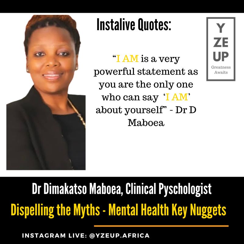 yzeup's tweet photo. “I am is a very powerful statement as you are the only one who can say ‘I AM’ about yourself” - Dr D Maboea
#yZeuptomentalhealth #mentalhealthawareness #mentalhealth #clinicalpsychology #mentalhealthmatters #mentalwellbeing https://t.co/3GeB1tDC8I