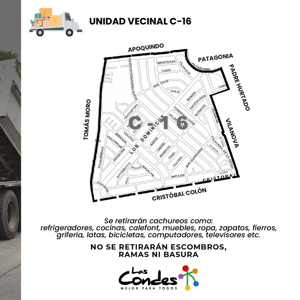 👀 ¡Atención vecinos de la UV C-16! Este sábado 20/8, entre 8 y 16 horas, recogeremos lo que ya no ocupen en su hogar. 🚛🚍 

¡RECUERDEN DEJAR LAS COSAS FUERA DEL DOMICILIO ANTES DEL MEDIODÍA! ⏰

Más info 👉 bit.ly/325Ecbw 

#LasCondesTeCuida #LasCondesVerde

<a href="/LC_aseo/">Dirección de Aseo</a>