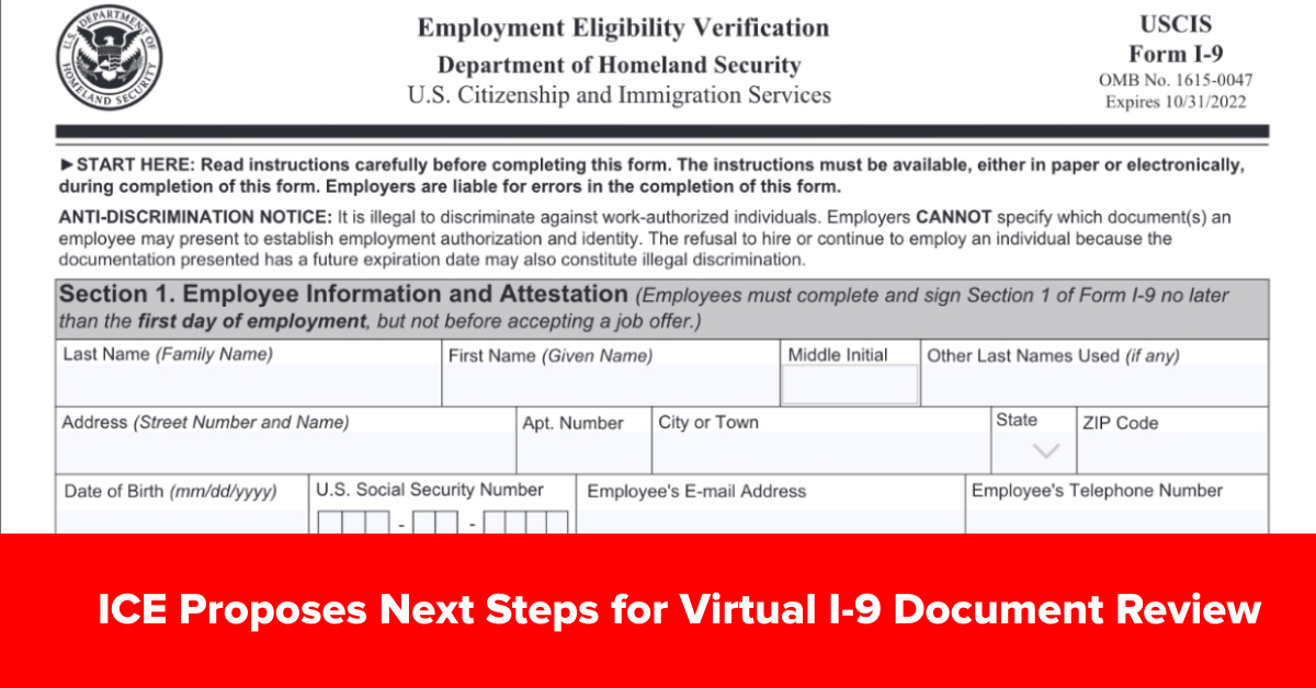 SHRM's tweet photo. #BreakingNews: ICE proposes next steps for virtual I-9 document review. Employers could have more options when examining I-9 documents presented by new hires during the employment eligibility verification process. https://t.co/dYP094DSgw #HRNews #I9Form @ICEgov https://t.co/W7UERI1ikW