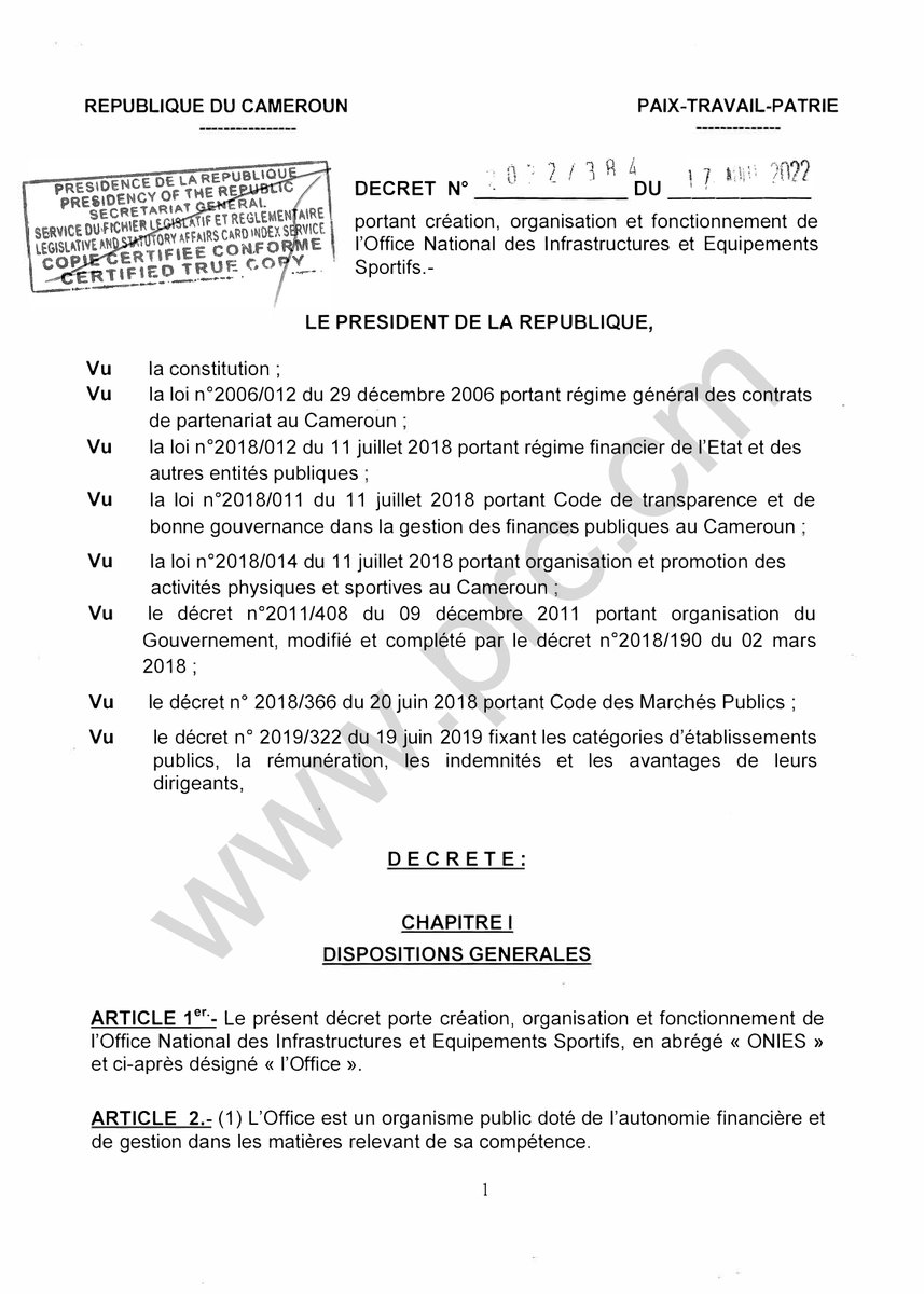 PR_Paul_BIYA's tweet photo. Décret portant création, organisation et fonctionnement de l'Office National des Infrastructures et Equipements Sportifs.
#PaulBiya
#Cameroun 
1/5 https://t.co/TputK1niUW