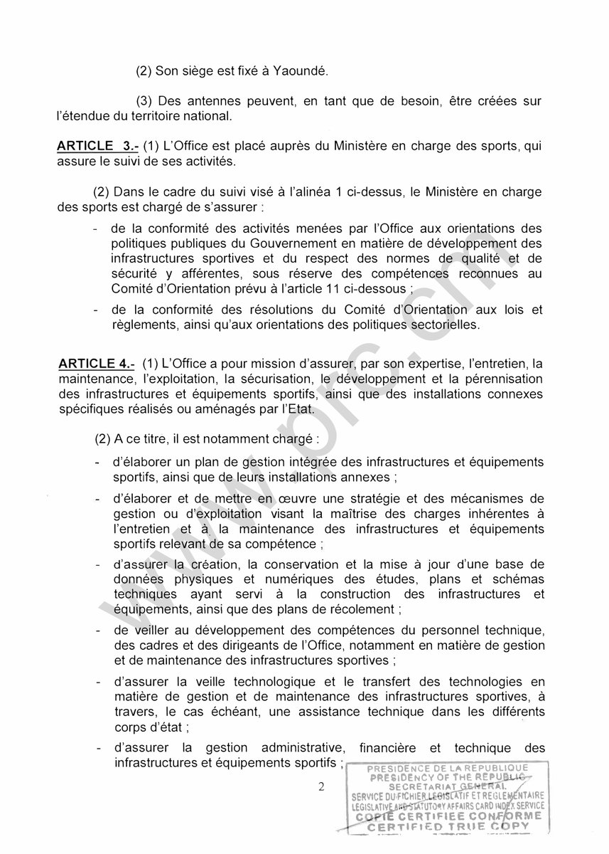 PR_Paul_BIYA's tweet photo. Décret portant création, organisation et fonctionnement de l'Office National des Infrastructures et Equipements Sportifs.
#PaulBiya
#Cameroun 
1/5 https://t.co/TputK1niUW